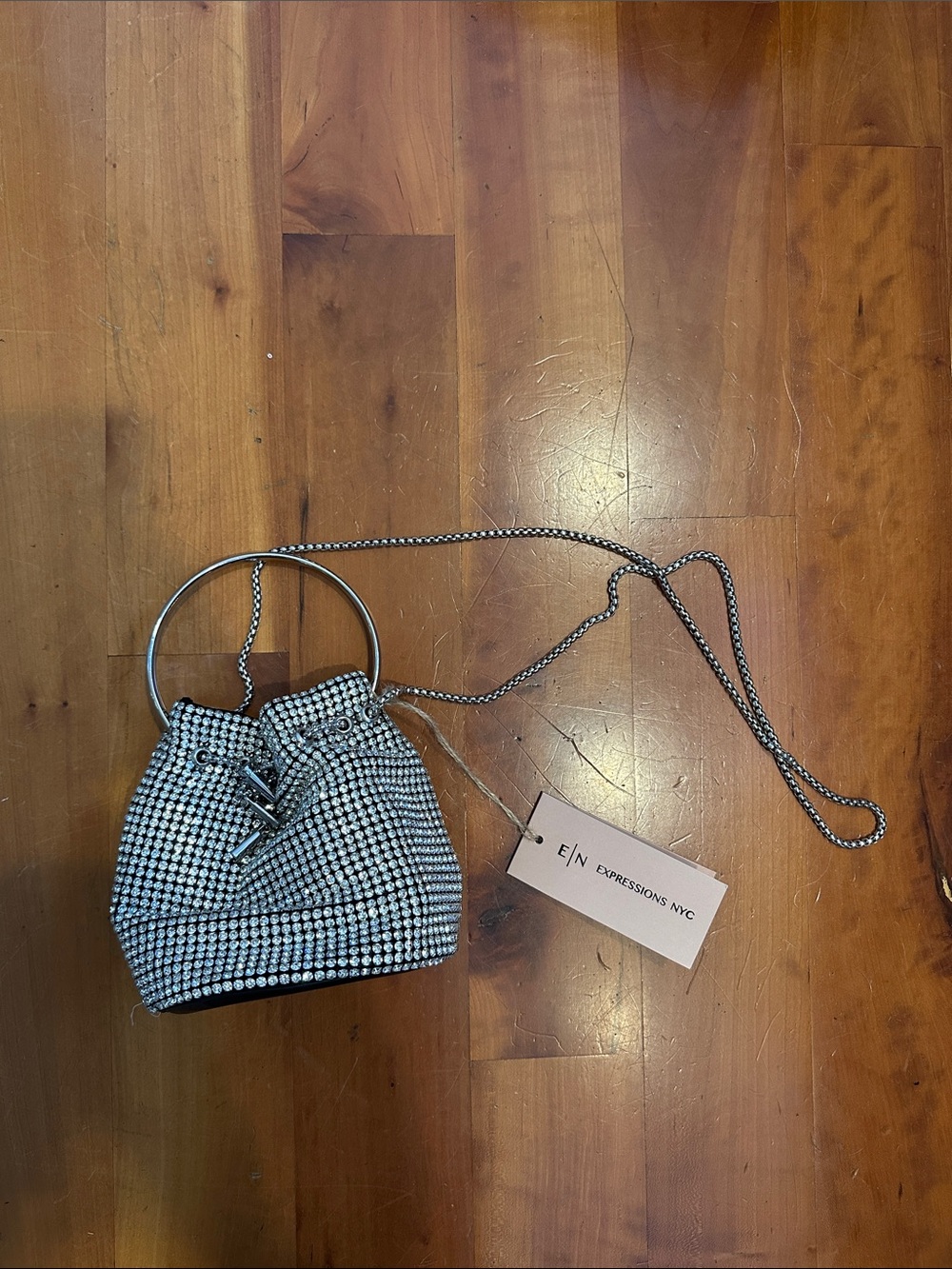Expressions Silver Rhinestone Mini Bucket Bag with Ring Handle